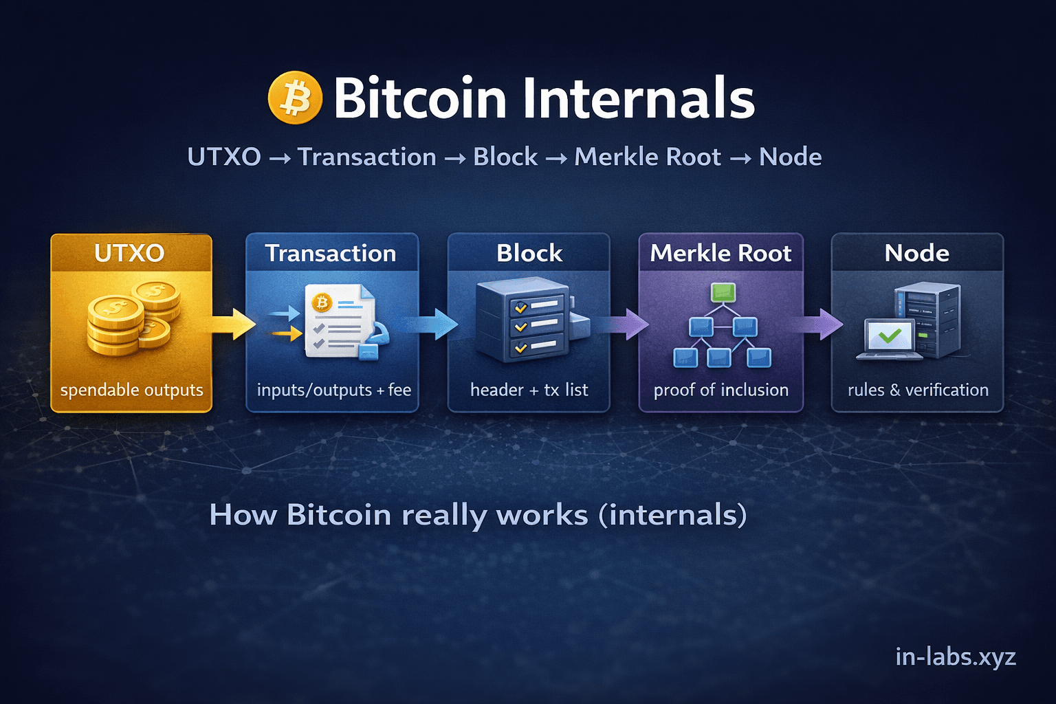 비트코인 내부 구조, 한 번에 연결하기: UTXO → 트랜잭션 → 블록 → 머클 트리 → 노드